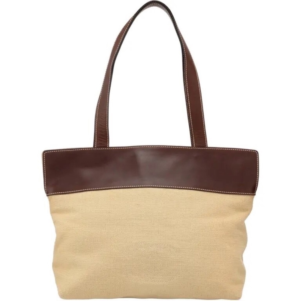CHANEL Cocomark Tote Bag Shoulder Bag Beige Canvas and Brown Leather Trim